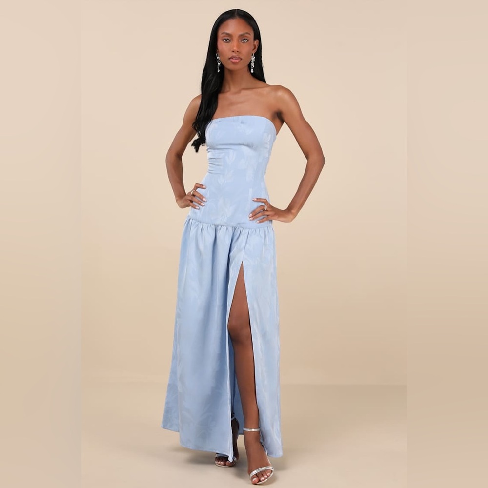 Lulus Gemmi Light Blue Satin Jacquard Drop Waist Maxi Dress Size M